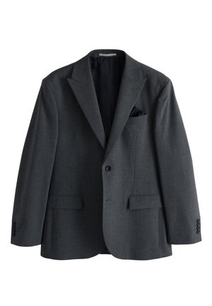 Tmavě šedé pánské jednorušné sako s výřezovými klopami, dvěma předními kapsami s klopou, jedním knoflíkem a černým kapesníčkem v náprsní kapse.