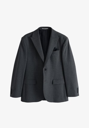 Blazer pour homme gris foncé à simple boutonnage avec revers à cran, deux poches avant à rabat, un bouton, et un mouchoir de poche noir dans la poche poitrine.