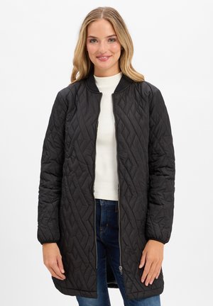 Schwarze, gesteppte Langjacke mit Reißverschluss, rundem Halsausschnitt und gerippten Bündchen. Glatte Textur und durchgehendes Rautenmuster.