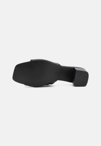 Black high-heeled shoe with a square toe and a chunky heel. The sole features a ribbed texture for added grip. Smooth finish throughout.