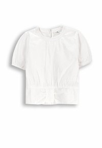 Biała bluzka z krótkim rękawem o teksturowanym wzorze, z okrągłym dekoltem i marszczonym pasem z kokardą na plecach.