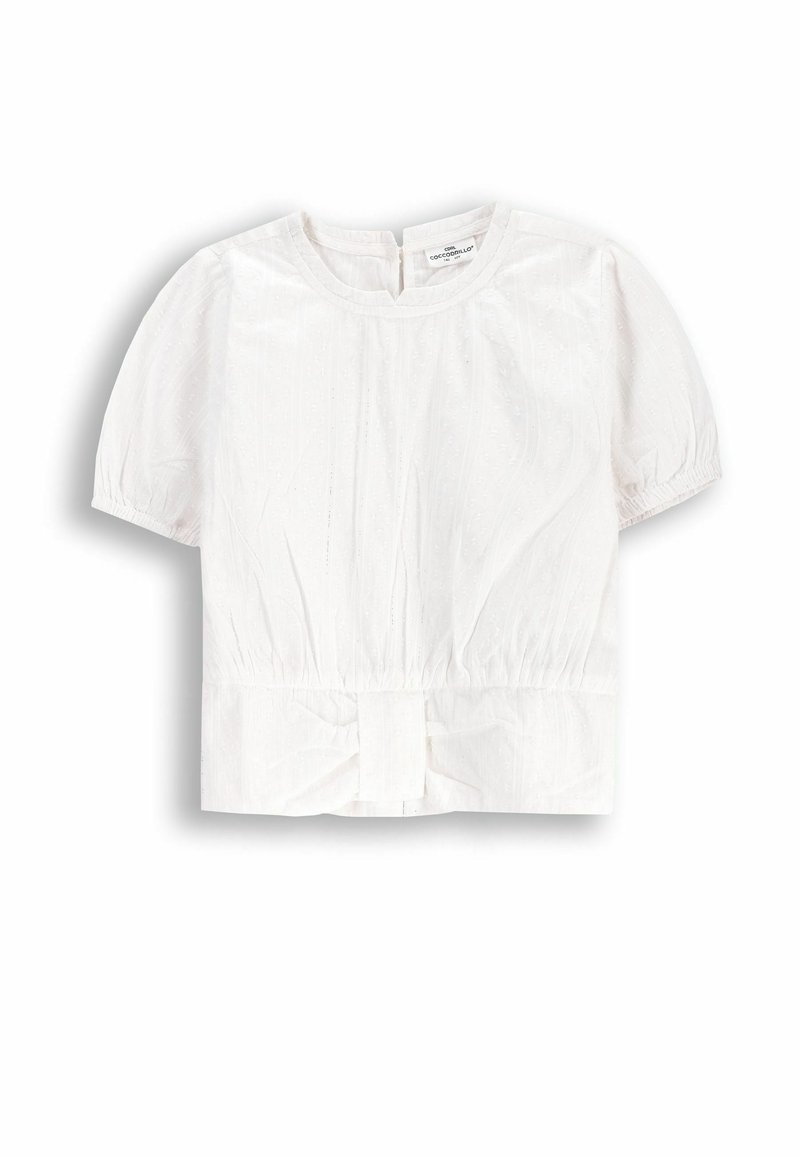 Biała bluzka z krótkim rękawem o teksturowanym wzorze, z okrągłym dekoltem i marszczonym pasem z kokardą na plecach.