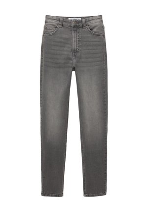 Graue Jeans aus Denim mit geradem Beinschnitt, versehen mit subtilen Used-Effekten, traditionellem Fünf-Taschen-Design und einem klassischen Knopfverschluss.
