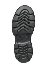 Suela de zapato de goma negra con un patrón de tracción en zigzag, superficie texturizada y agujeros de ventilación; marcada con "GEOX" y "PATENTE ITALIANA."