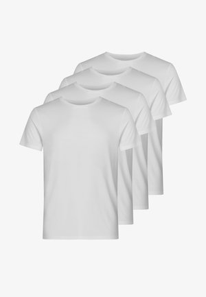 Pakke med fire hvide bomulds t-shirts. Rund hals, korte ærmer, lige kant, glat tekstur, med et enkelt, ensfarvet design.