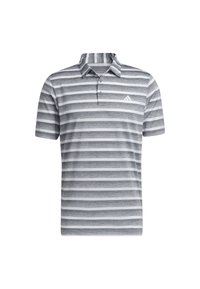 Šedá a biela pruhovaná polo košeľa s golierom, s trojadresným zapínaním a vyšitým logom na ľavej hrudi.