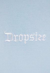 Texte « Dropsize » brodé en blanc en police gothique sur fond de tissu bleu clair.