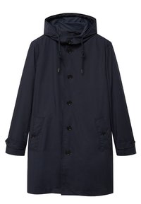 Manteau imperméable bleu marine avec capuche, boutons sur le devant et deux poches latérales. Texture lisse et détail de cordon ajustable.