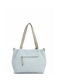 Borsa a tracolla in tessuto azzurro chiaro con manici beige, dotata di una tasca frontale con cerniera e un design angolare per un'estetica moderna.