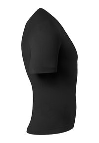 Zwart sportshirt met een aansluitend ontwerp, korte mouwen, geribbelde textuur en naadloze constructie voor verbeterd comfort en flexibiliteit.