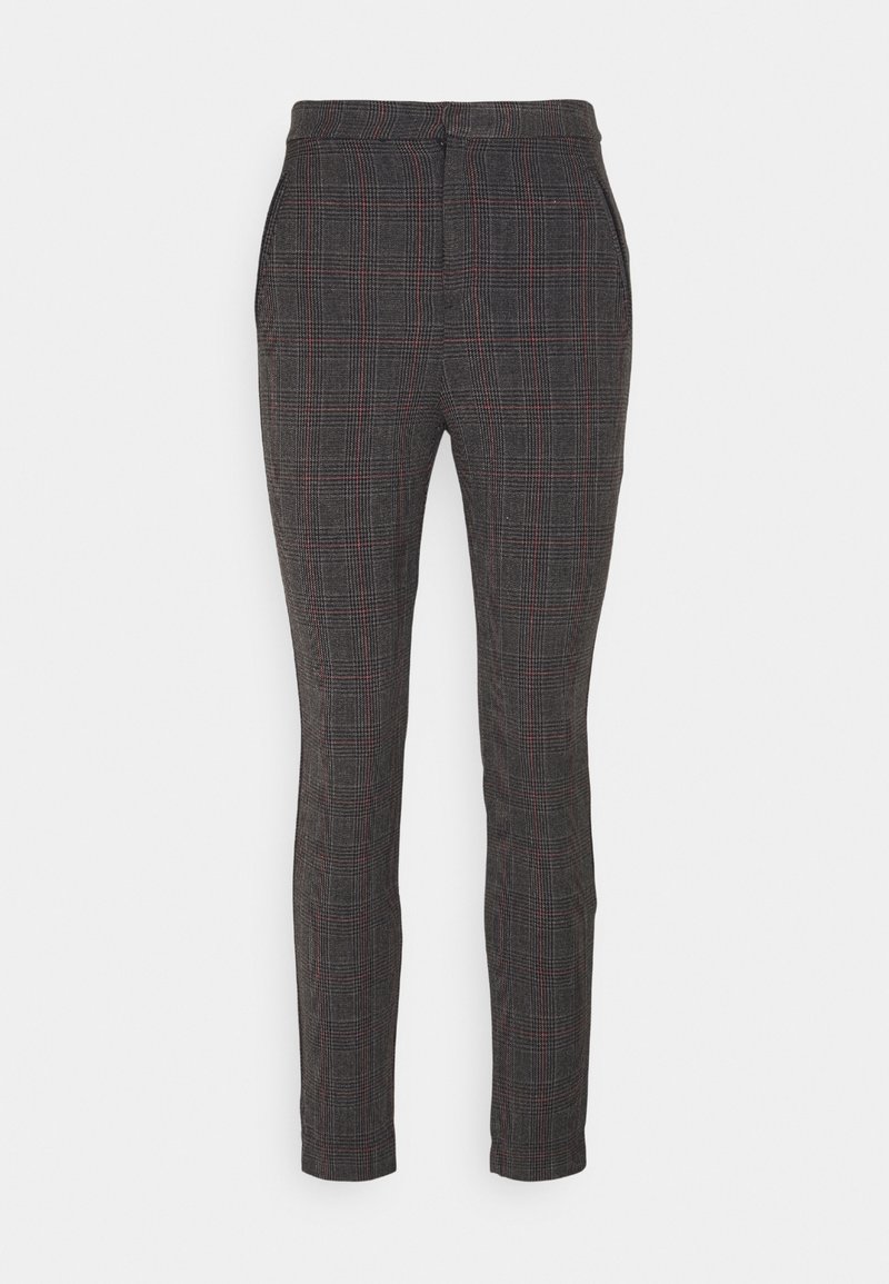 Pantalon sur mesure à motif à carreaux sombre avec des accents de gris, noir et rouge. Confectionné dans un tissu lisse avec une coupe slim.