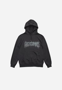 Black hoodie with a front pocket, featuring a silver graphic text design. It has a drawstring hood and ribbed cuffs and hem.