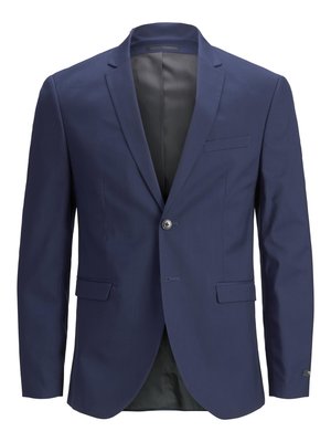 Blazer bleumarin cu închidere cu un singur nasture, rever cu tăietură, două buzunare laterale și căptușeală interioară netedă. Design curat, adaptat pe măsură.