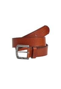 Cinturón de cuero marrón con acabado texturizado, que presenta una hebilla de metal plateado grabada con "Pepe Jeans." Diseño clásico y agujeros ajustables.