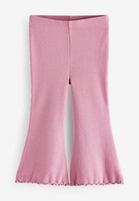 Vaaleanpunaiset ribbiteksturoidut flare-legginssit, joissa on aaltoileva helma ja joustava vyötärö, tarjoavat pehmeän tuntuman ja vartalonmyötäisen siluetin.