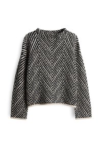 Schwarz-weißer, im Chevron-Muster gestalteter, langärmeliger Strickpullover mit Rundhalsausschnitt und leicht verkürzter Länge.