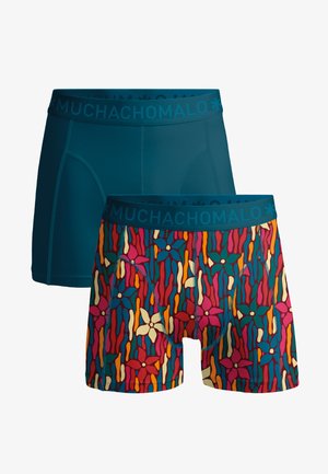 Dva páry pánskych boxeriek s pásom "Muchachomalo", jeden jednofarebný tmavý modrozelený a jeden viacfarebný s kvetinovým vzorom.