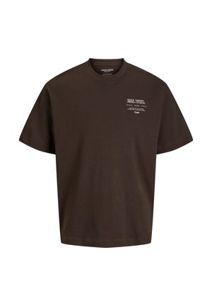 T-shirt en coton marron avec une coupe décontractée, des manches courtes et un logo imprimé blanc sur la poitrine. Design simple, sans embellissements supplémentaires.