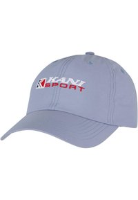 Šviesiai mėlyna baseball kepurė iš audinio, su išlenktu kraštu ir siuvinėtu "KANI SPORT" logotipu baltos ir raudonos spalvos.