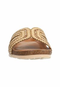 Infradito in paglia intrecciata con parte superiore marrone chiaro, caratterizzate da un design testurizzato e una suola simile al sughero in un colore neutro. Piatte con cinturini larghi.