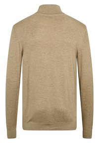 Beiger Cardigan mit hohem Kragen, langen Ärmeln und gerippten Bündchen; glatte Textur mit einem dezenten Strickmuster überall.
