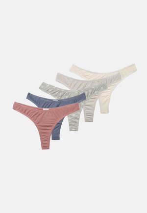 Set of five thongs in soft cotton material, featuring pastel colors: pink, blue, grey, light green, and cream. Smooth texture and gathered waist.