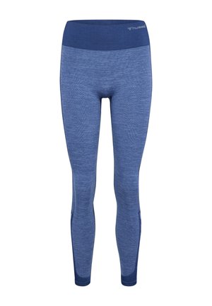 Niebieskie, bezszwowe legginsy sportowe z wysokim stanem, z ciemniejszym paskiem w talii i subtelnym logo hummel w prawym górnym rogu paska.