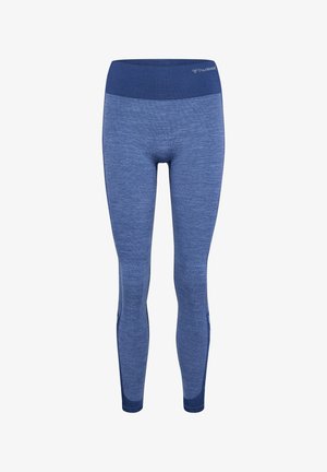 Niebieskie, bezszwowe legginsy sportowe z wysokim stanem, z ciemniejszym paskiem w talii i subtelnym logo hummel w prawym górnym rogu paska.