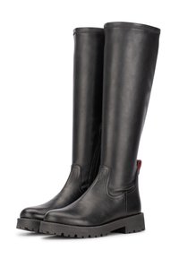 Tall black leather boots with a textured finish, flat rubber soles, side zippers, and a red accent at the heel. Smooth top edge.