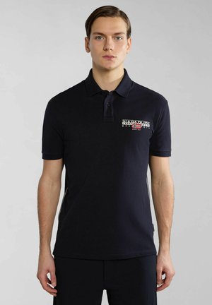 Navy blue polo shirt made of cotton, featuring a collar, short sleeves, and a front logo with multi-color accents.