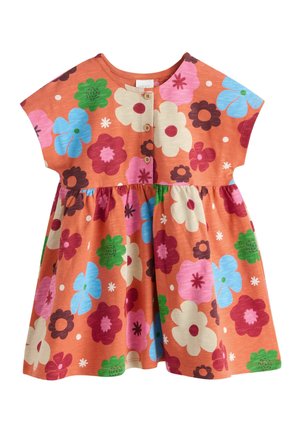 Kleid für Kleinkinder mit kurzen Ärmeln, orangefarbenem Hintergrund, mehrfarbigem großem Blumenmuster und drei Knöpfen auf der vorderen Brustpartie.