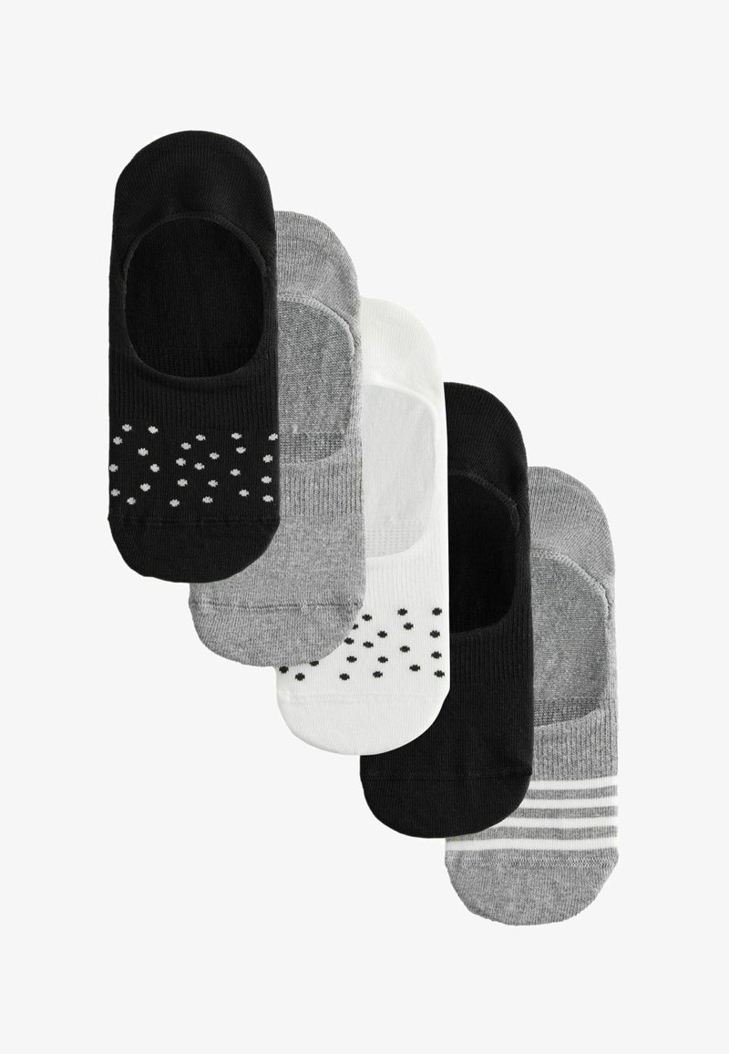Cinq paires de socquettes invisibles en noir, gris et blanc, avec des motifs à pois et à rayures, disposées en chevauchement sur un fond blanc.