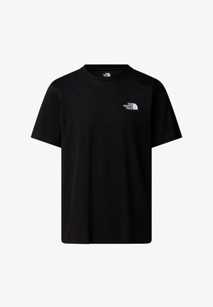 Zwarte katoenen T-shirt met korte mouwen, ronde halsontwerp, met een klein wit logo op de linkerkant van de borst.