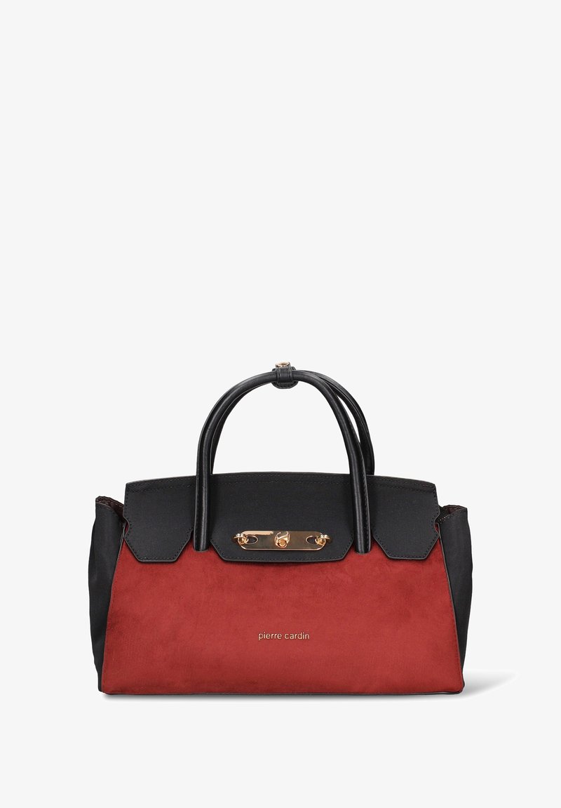 Borsa strutturata in materiale sintetico nero con fronte in suede rosso. Presenta ferrature dorate e due manici corti, con chiusura a scatto.