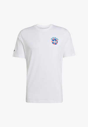 Wit katoenen T-shirt met korte mouwen. Heeft een blauw-rode cirkelvormige Adidas-log op de borst en een klein zwart logo op de mouw.