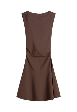 Sleeveless brown knee-length dress with round neckline and slight side ruching, flared skirt on plain white background.
