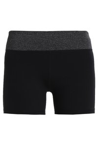 Musta urheilushortsi, jossa on harmaa joustava vyötärönauha. Materiaali on sileää ja istuvaa, suunniteltu mukavuutta ja liikkuvuutta varten.