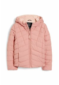 Giacca puffer rosa chiaro con cappuccio, presenta un design trapuntato, chiusura con zip e una fodera interna liscia.