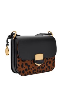 Black leather and leopard print handbag with gold hardware, flat closure, and adjustable strap. Textured body and smooth flap design.