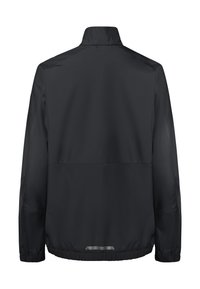 Giacca leggera nera con maniche lunghe, polsini elastici, collo alto e una piccola striscia riflettente vicino all'orlo sul retro.