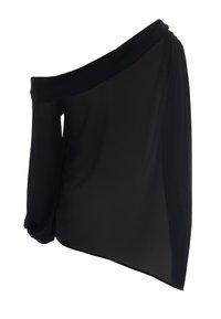 Blusa nera a spalla unica con una manica lunga a campana e un orlo drappeggiato e asimmetrico.