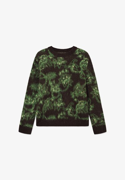 Grønn og svart mønstret strikkegenser med rund hals, som har en myk, lodden tekstur og lange ermer. Detaljene inkluderer et blomsterdesign.