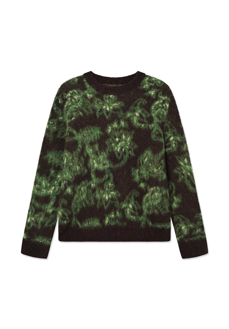 Pull en maille vert et noir à motifs avec un col rond, arborant une texture douce et duveteuse ainsi que des manches longues. Les accents incluent un design floral.