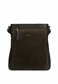 Borsa a tracolla in pelle e suede marrone con tasca frontale zip, tracolla regolabile e accents in metallo con logo. Superfici lisce e testurizzate.