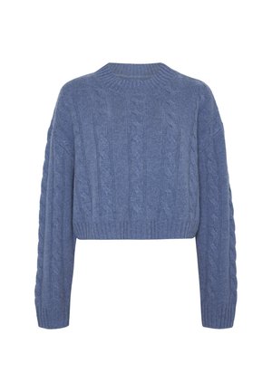 Maglione a coscia in cotone a trecce di colore azzurro chiaro. Presenta un colletto rotondo e maniche lunghe con polsini e orlo a costine. Tessuto testurizzato.