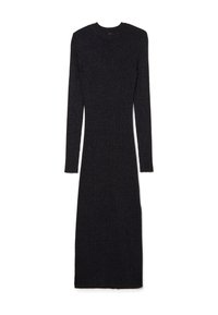 Langärmliges, schwarzes Rippenkleid mit schmaler Silhouette und rundem Ausschnitt, aus strukturiertem Material mit subtilen Glanz.