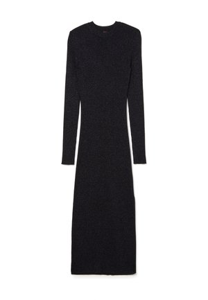 Vestido negro de manga larga, con Silueta ajustada y escote redondo, hecho de un material texturizado con un sutil brillo.