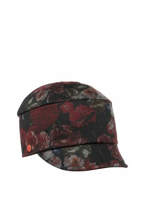 Black fabric cap with muted red, gray, and maroon floral pattern and a small round red logo on the side above the brim.