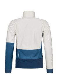 Men's jacket made of lightweight fabric, featuring a color-block design in white and navy blue, high collar, and long sleeves.
