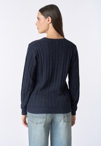 Maglione lavorato a maglia blu navy con motivo a trecce, maniche lunghe e polsini a coste. La vista posteriore rivela un design testurizzato e un collo rotondo.